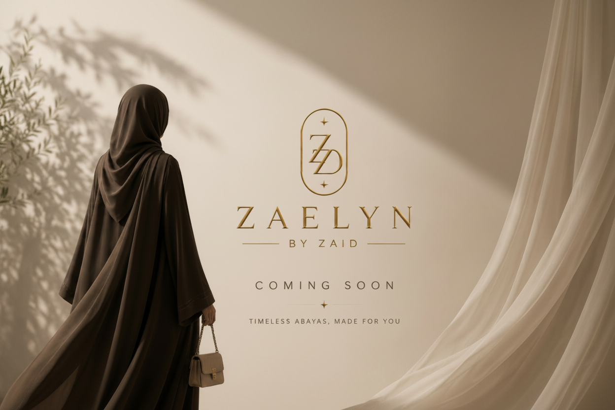 Woman in a hijab standing against a neutral background with 'ZAELYN by Zaid' branding.